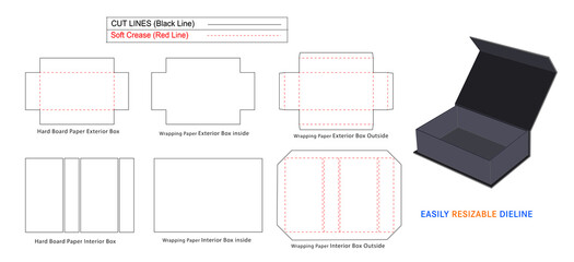 Luxury rigid box, Magnetic Rigid Boxes dieline template and 3D box