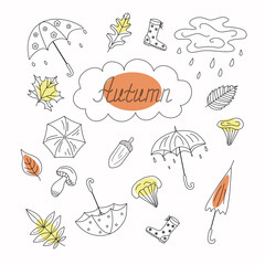 Autumn set in the style of doodle. Text. Umbrellas, leaves, acorns, forest mushrooms, waterproof boots. Rainy season. Vector illustration with isolated background.