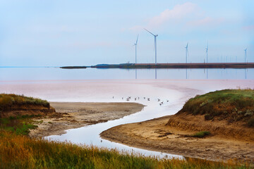 Wind turbine on the shore of the sea bay