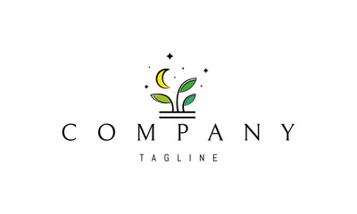 Vector logo on which an abstract image of a plant on a background of the moon in a childish style.