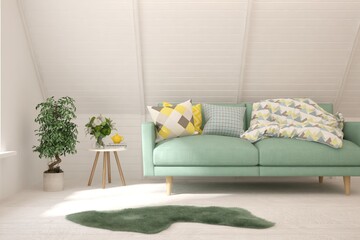 Soft color living room with sofa. Scandinavian interior design. 3D illustration