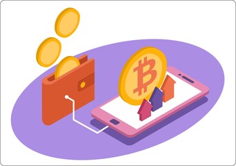 Phone mockup and coin . Replenishment of the account bitcoins with wallet. The growth of the bitcoin rate. Vector isometric 3d illustration. Popular flat colors.