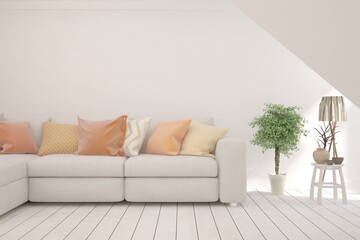 White living room with sofa. Scandinavian interior design. 3D illustration
