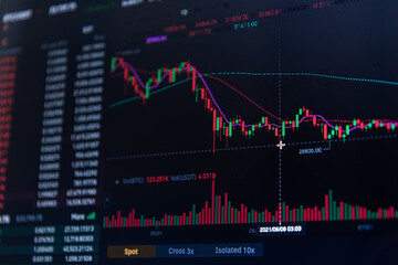 Cryptocurrency exchange chart on a computer screen, trading floor, stock market, BTC, USDT. 