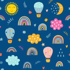 Seamless childish pattern with hand drawn rainbows, clouds and hot air balloons. Scandinavian style pattern. Vector illustration