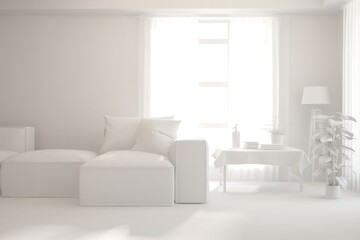 White minimalist living room with sofa. Scandinavian interior design. 3D illustration