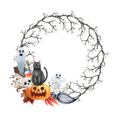 Halloween scary wreath. Watercolor illustration. Hand drawn spooky round decor with black cat, pumpkin, ghost, broom, potion, branches. Halloween festive decorative vine wreath. White background