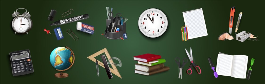Back to school, composition of the student subjects set vector illustration. 3d realistic rulers, alarm clock, school calculator, notepad, pencils