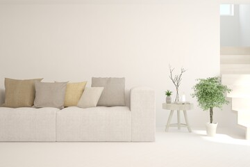 Soft color living room with sofa. Scandinavian interior design. 3D illustration