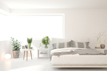 White bedroom interior. Scandinavian design. 3D illustration