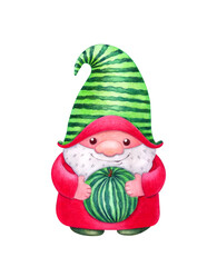 Funny Scandinavian gnome in a green hat and red suit with a watermelon. Cartoon style. Watercolor illustration isolated on white background.