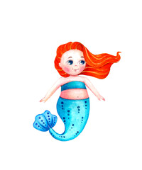 Little mermaid with red hair and a blue tail. Cartoon character. Hand drawn watercolor illustration isolated on white background.