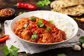 Spicy Chicken Pathia curry with basmati rice in a white plate. healthy food.