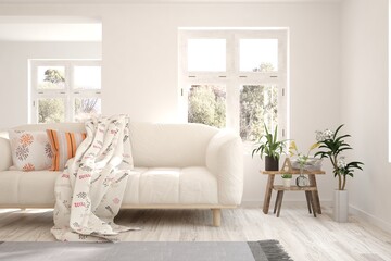 White living room with sofa. Scandinavian interior design. 3D illustration