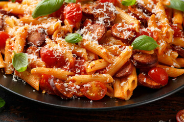 Sausage penne Pasta with tomato sauce, parmesan cheese and basil on black plate
