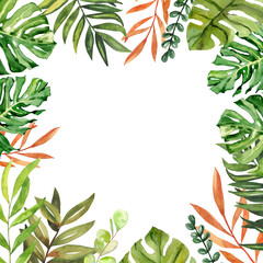 Watercolor hand painted summer vibes exotic leaves illustration banner isolated on white background 