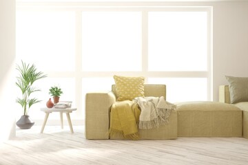 White living room with sofa. Scandinavian interior design. 3D illustration