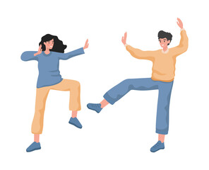 Happy smiling man and woman dancing, feeling positive emotions vector flat illustration. Male and female characters isolated on white background. People celebrating birthday or holiday.