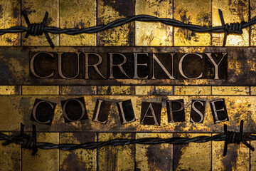 Currency Collapse text on vintage textured grunge gold and copper background