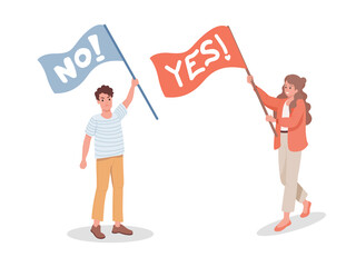 Angry man with No flag and smiling woman with Yes flag vector flat illustration. Protesting man and supporting woman with flags. Social movement, meeting, demonstration, activism, voting concept.