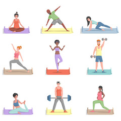 Set of different people training, doing sports activities vector flat illustration. Smiling men and women in sports clothes doing exercises, gymnastics, practice yoga, and stretching.