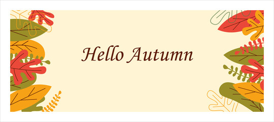 Obraz premium Autumn background design with colorful leaves for web banner, september shopping promo or autumnal shop discount, flyer, invitation, card or poster. Vector illustration, flat design, in cartoon style