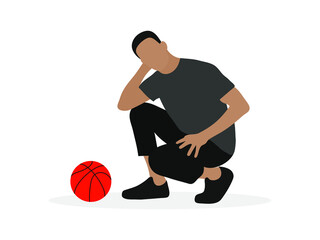 Fototapeta premium Pensive male character squatting next to basketball ball isolated on white background