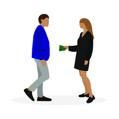 Female character giving money to male character on white background