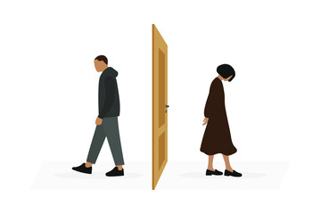 Male character and female character are walking in different directions from the door on a white background
