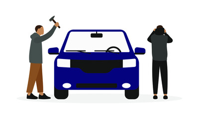 Two male characters break someone else's car on a white background - obrazy, fototapety, plakaty