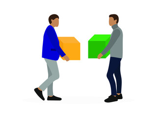 Two male characters with large cubes in their hands are standing side by side on a white background
