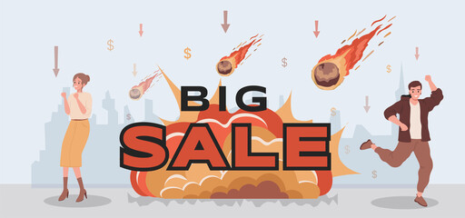 Big sale vector flat banner design. People celebrating sales. Large burning meteorites falling on prices. Price reducing during seasonal sale. Promotion billboard concept for shopping and marketing. © Pavlo Plakhotia