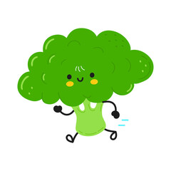 Cute funny running broccoli. Vector hand drawn cartoon kawaii character illustration icon. Isolated on white background. Running broccoli concept
