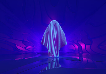 Ghost in neon light. White ghost. Wraith on a blue-purple background. White ghost with no eyes. It symbolizes the holiday of halloween. Wraith from a white bedsheet. 3d visualization.