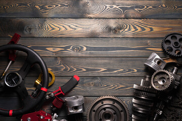 Car tuning flat lay concept background with copy space. Sport car accessory.