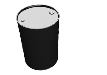 Black barrel isolated. Barrel for chemical products. Barrel on a white background. Metal cask isolated. Containers for chemical liquids. Toxic cask. Cask for chemical warehouse. 3d visualization.