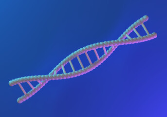 Rendering of DNA model on a blue background. DNA molecule symbolizes study of human genetics....