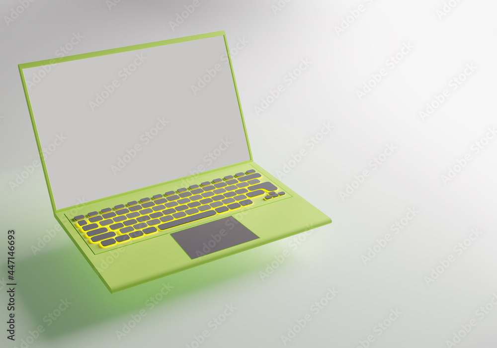 Poster minimalist notebook template. green laptop design. simple laptop design. laptop mockup with gray but