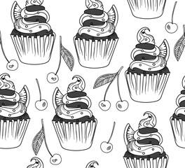Food vector seamless pattern with delicious creamy muffins with oranges, chocolate colors