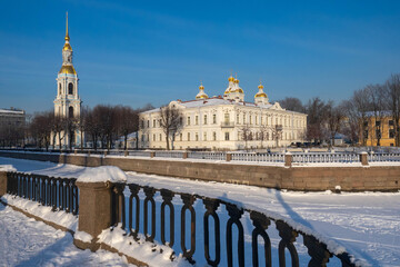 Saint Petersburg panorama. Russia snow. Nikolsky Naval Cathedral. Kryukov embankment in St. Petersburg. winter city in Russia. Winter embankment of Saint Petersburg. Tour in Christmas Russia.