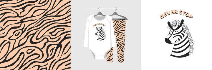 Seamless pattern and illustration with zebra, quote Never stop