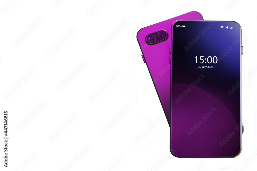 Poster purple smartphone. lock screen with interface elements. cellphone with clock. time is shown on reali