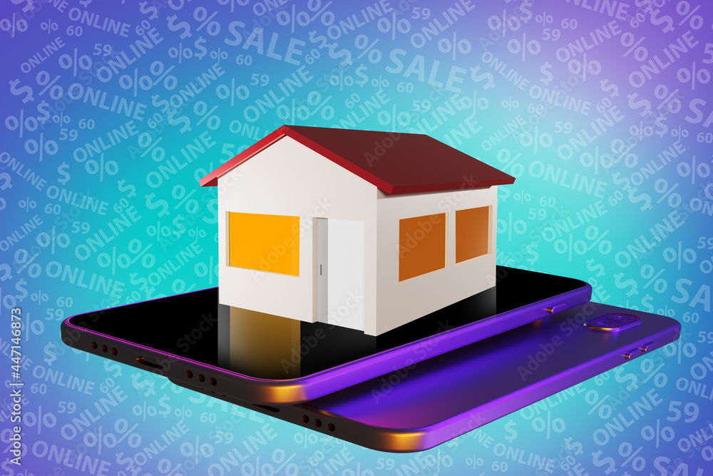 Poster house model on phone screen. phone with home on display. concept of application for purchase of real
