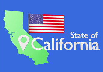 USA. State California. Map of America. Fragment of the territory of the United States of America. US flag under the inscription California. 3d image