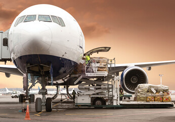 loading cargo into the airplane before departure with nice sky