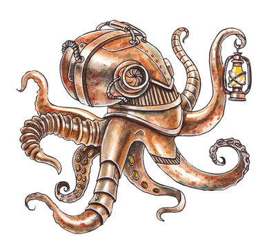 Watercolor illustration of a steampunk octopus. Bronze robot octopus with a kerasin lamp. Steampunk drawing