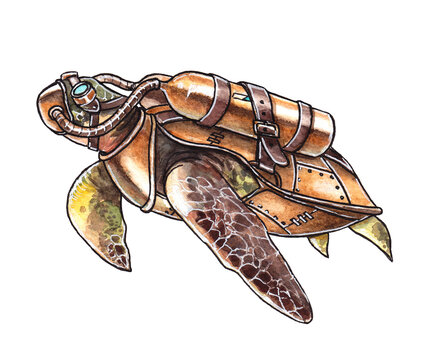 Watercolor illustration of a steampunk turtle. Sea turtle illustration. Soup turtle drawing