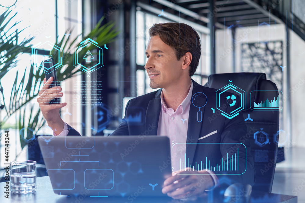 Poster businessman in suit using smart phone to optimize development by implying new technologies in busine