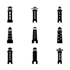 Black lighthouses are used to ensure the safety of ships on a white background.