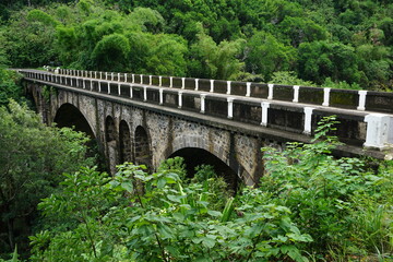 Fototapeta na wymiar old lava stone bridge over the river in the forest on the tropical island of La Réunion, France